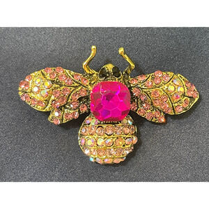 Pink Rhinestone Bee Brooch Pin Yellow Gold Tone Animal Insect Costume Jewelry
